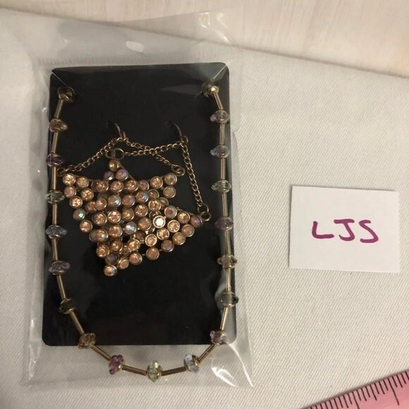 Beaded Rhinestone Necklace & Chandelier Earrings Gold Tone - Picture 6 of 7